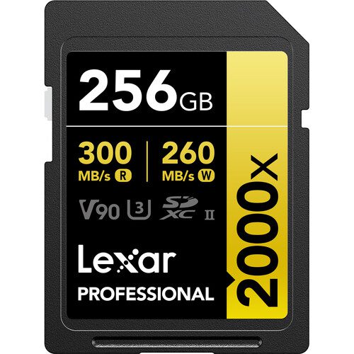 Lexar 256GB Professional Card 300MBs260MBs v90 2000x UHS-II SDXC Gold